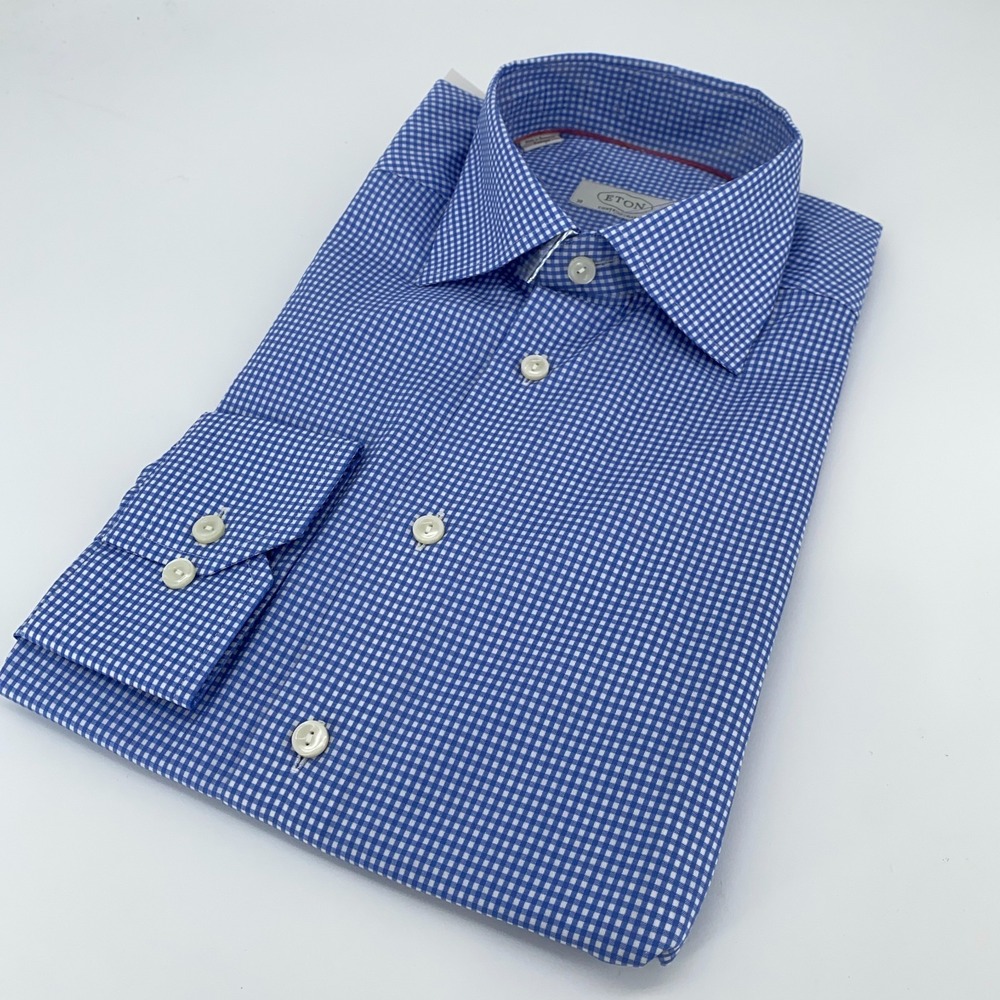 Eton Dress Shirt Mens 15 1/2-39 Blue Gingham Contemporary Fit Collared Button Up
